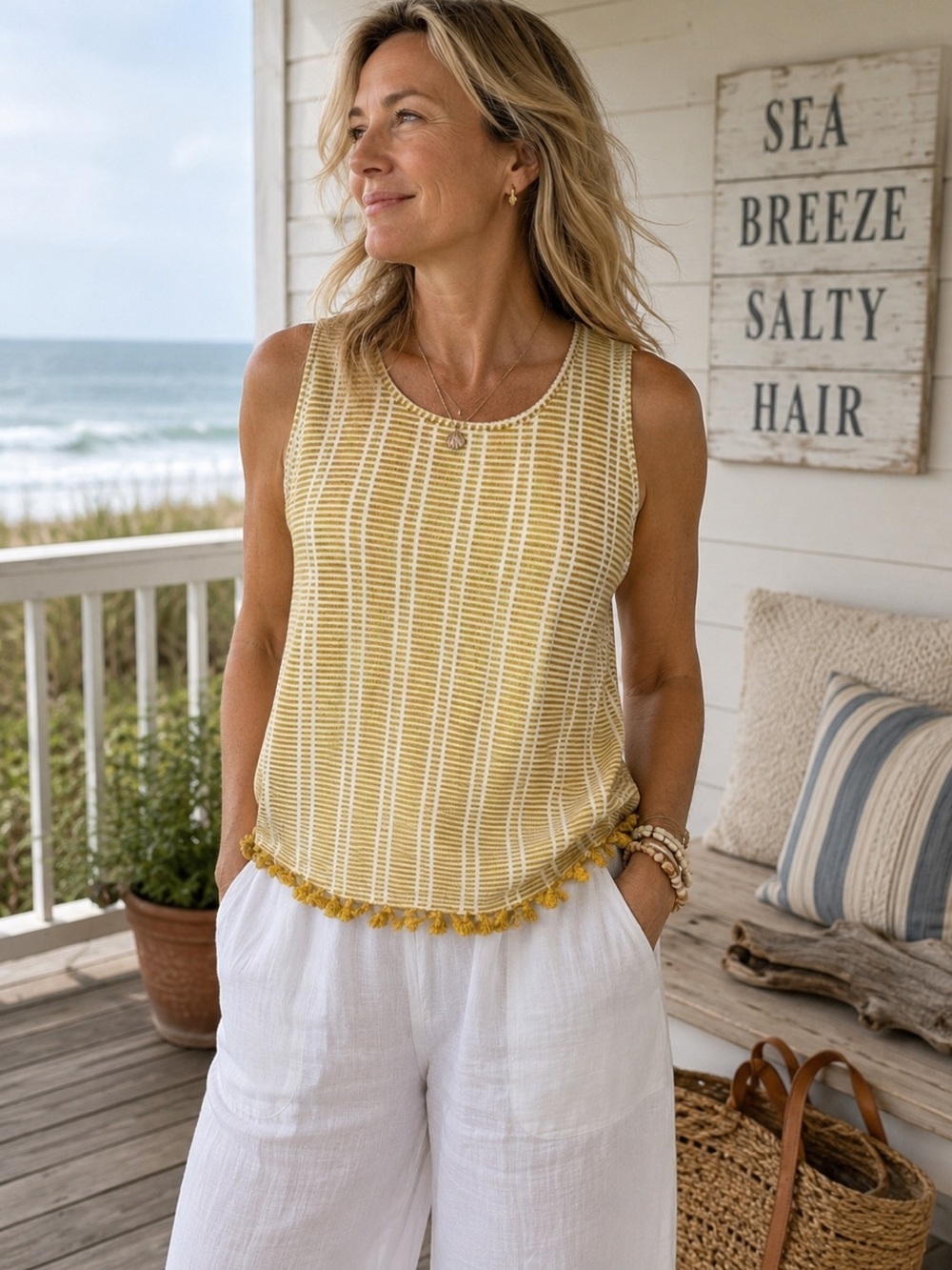 W5 yellow stripe tank top with fringe trim size M